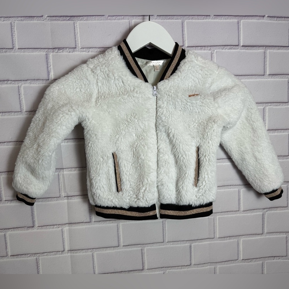 Tahari Baby Girl Sherpa Bomber Jacket Size 3T, White & Gold Trim